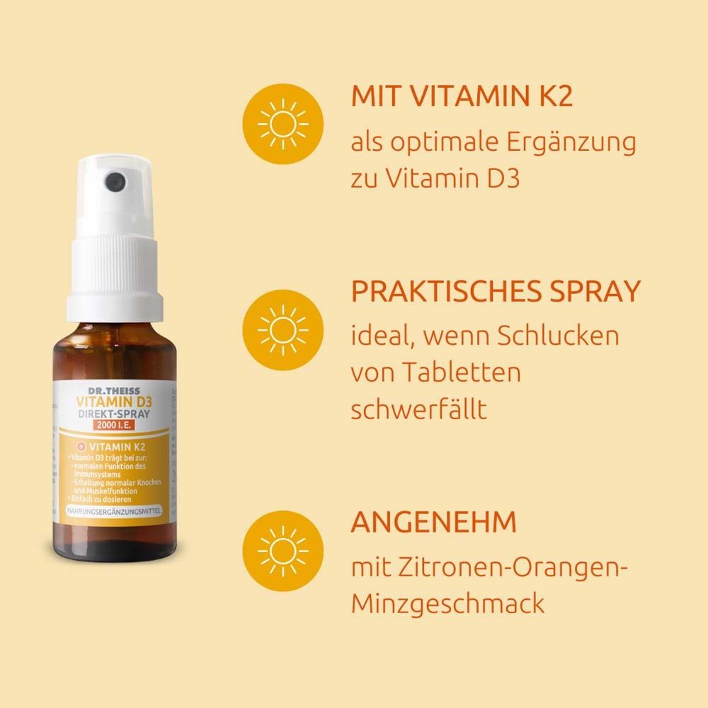 Dr. Theiss Vitamin D3 Direkt-Spray 2000 I.E. mit Text. Text über Vitamin K2, praktisches Spray und Geschmack.