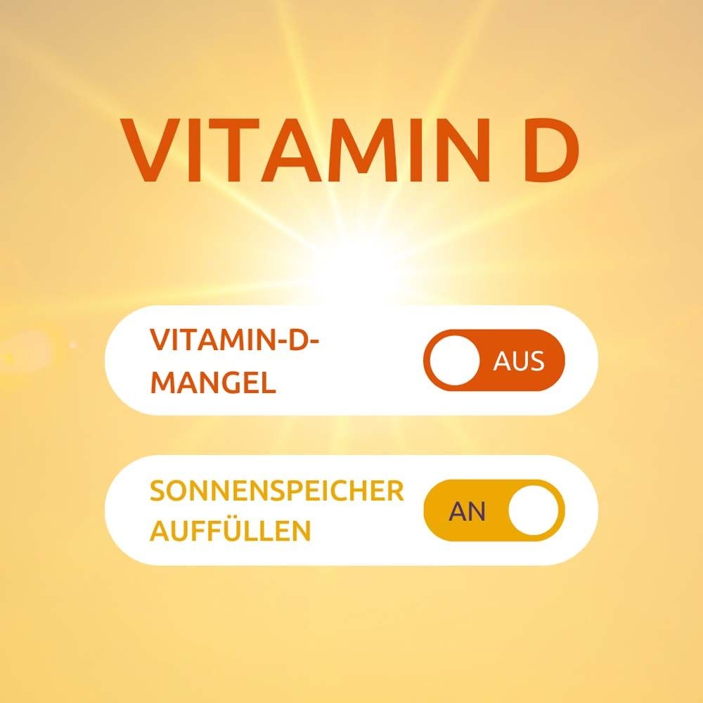 Grafik mit Sonne und Schaltern. Schalter für Vitamin-D-Mangel und Sonnenspeicher auffüllen. Gelber Hintergrund.