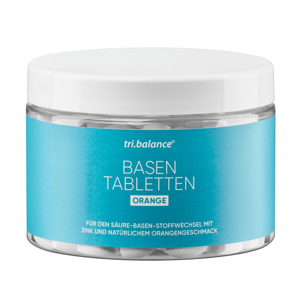 Pot de tri.balance® Basentabletten ORANGE. Étiquette bleue avec nom et texte du produit. Comprimés visibles à l'intérieur.