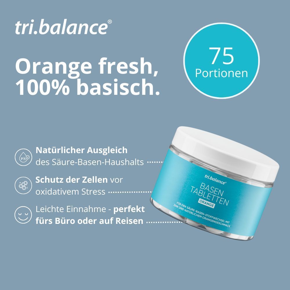 Pot de tri.balance® Basentabletten ORANGE. Texte : Orange frais, 100% basique. 75 portions.