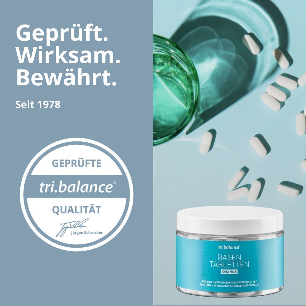 Pot tri.balance® Basentabletten ORANGE et comprimés. Texte : Testé. Efficace. Éprouvé. Depuis 1978.