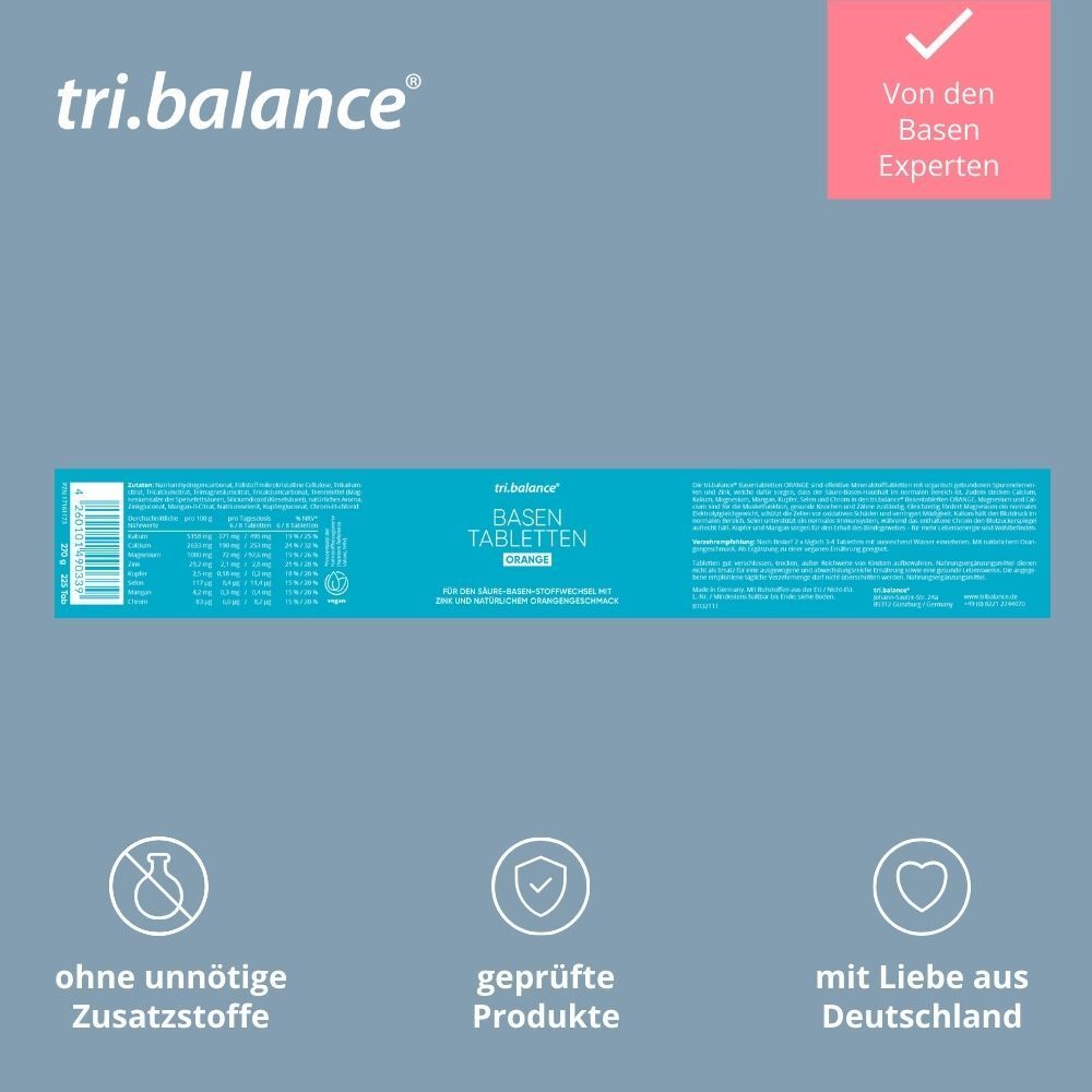 Emballage tri.balance® Basentabletten ORANGE. Texte et logos : sans additifs inutiles, produits testés.