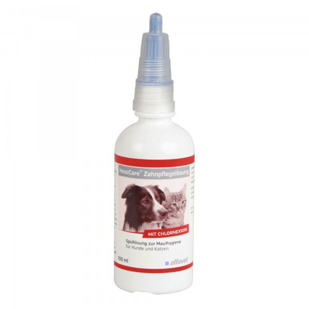 Weiße Flasche mit blauer Spitze. Aufkleber mit Hund und Katze, Text: HexoCare Zahnpflegelösung, Spülung für Maulhygiene.