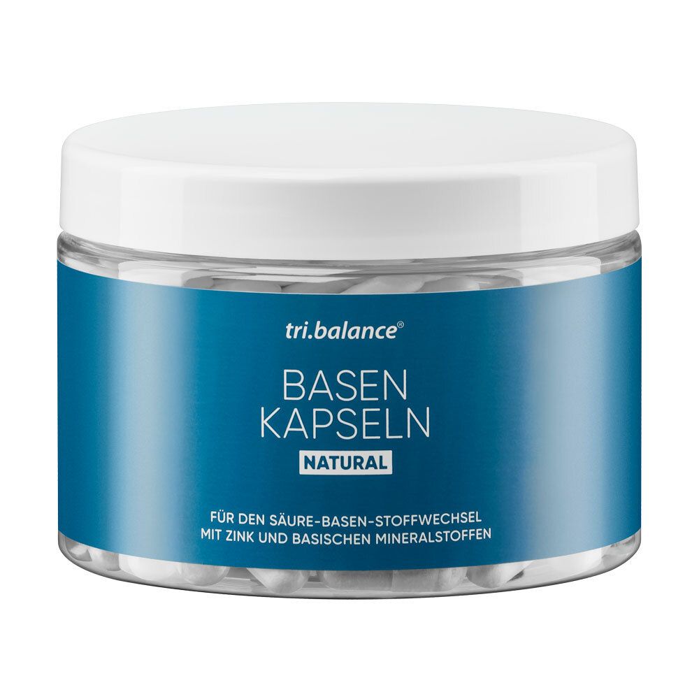 Weißes Kunststoffglas mit tri.balance® Basenkapseln NATURAL. Blaue Etikett mit Produktinformationen.