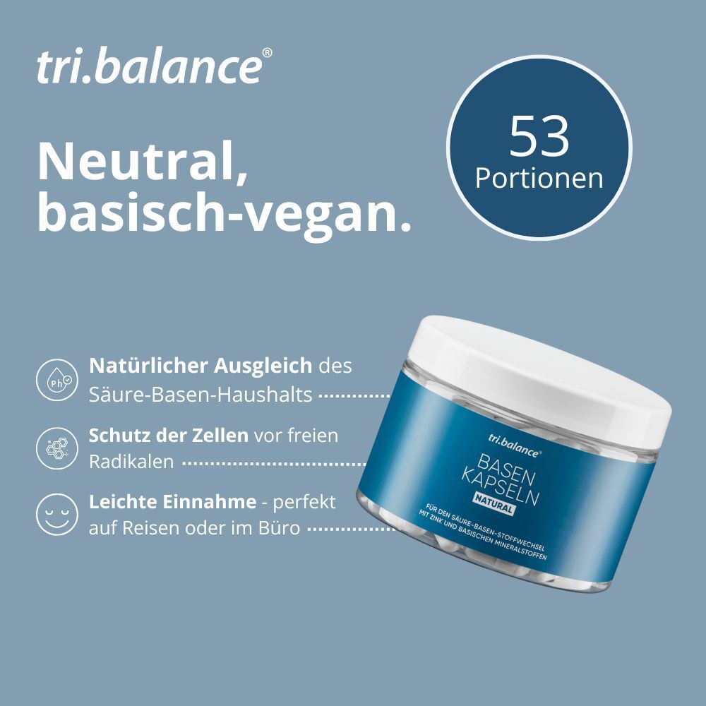 Glas mit tri.balance® Basenkapseln NATURAL. Text: „Neutral, basisch-vegan.“ und „53 Portionen“.
