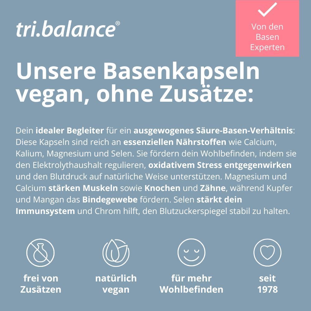 Text: „Unsere Basenkapseln vegan, ohne Zusätze.“ Icons: frei von Zusätzen, natürlich vegan, für mehr Wohlbefinden.