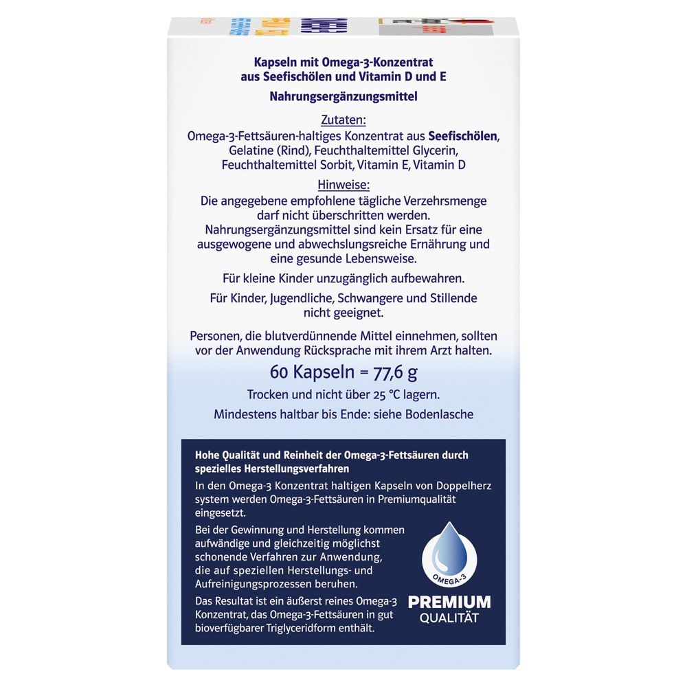 Rückseite der Verpackung von Doppelherz Omega-3 Premium 1500. Text über Inhaltsstoffe, Hinweise und Haltbarkeit.