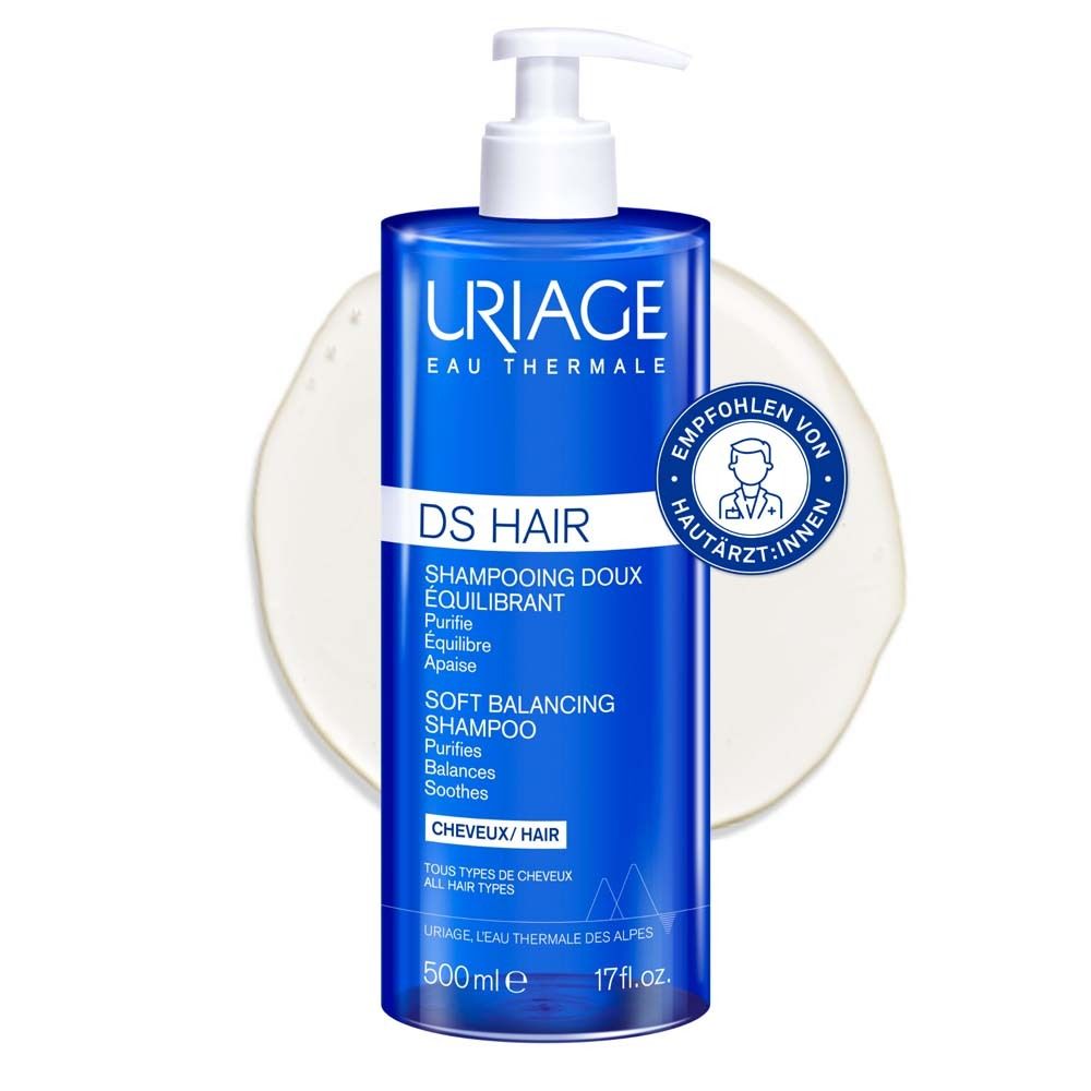 Blauer Pumpspender mit Uriage DS Hair Soft Balancing Shampoo, 500 ml. Empfohlen von Hautärzten.