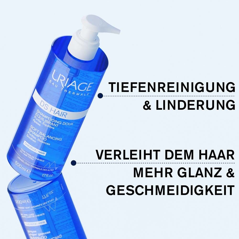 Blaue Flasche Uriage DS Hair Soft Balancing Shampoo mit Pumpspender, 500ml.