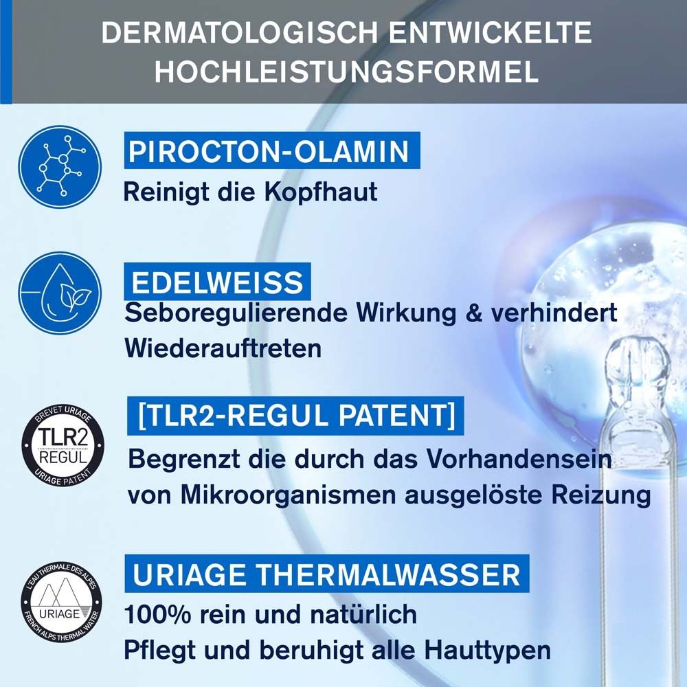 Dermatologisch entwickelte Hochleistungsformel mit Pirocton-Olamin, Edelweiß und Uriage Thermalwasser.