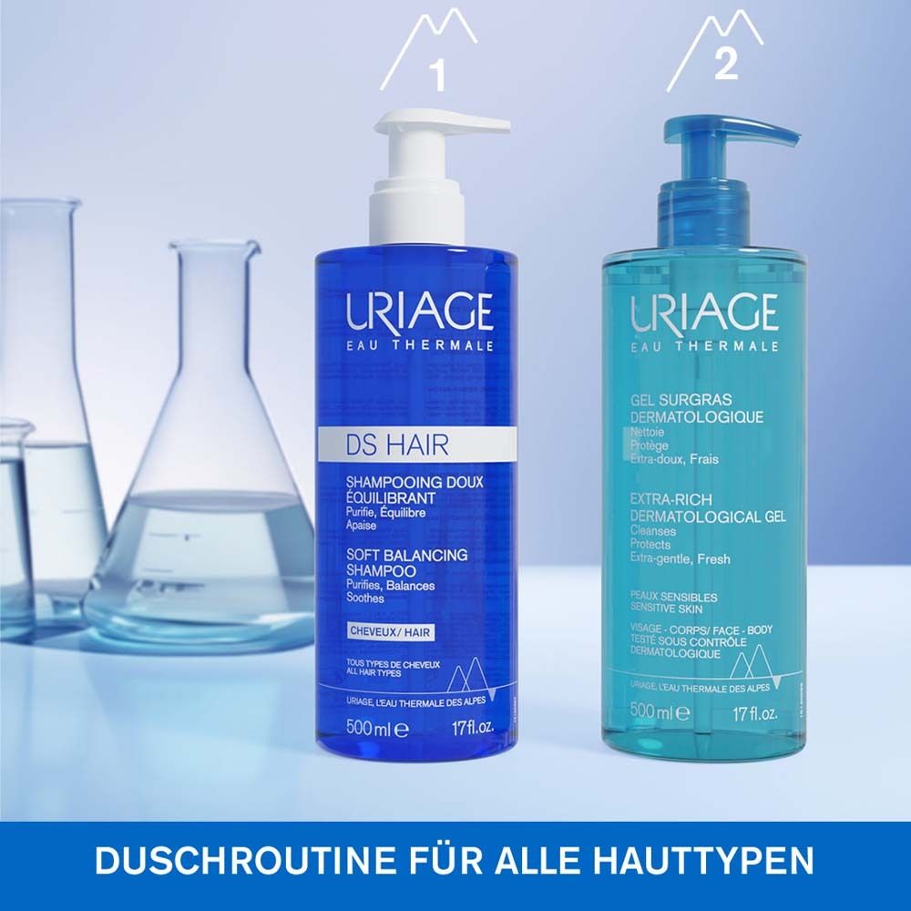 Blaue Flasche Uriage DS Hair Soft Balancing Shampoo, 500ml.