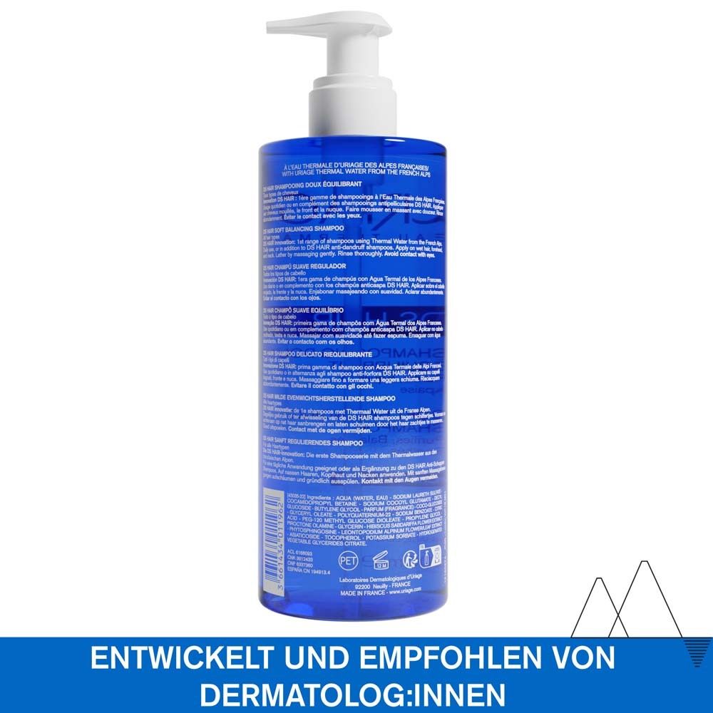 Blaue Pumpflasche mit weißem Spender, Rückseite mit Text und Symbolen.