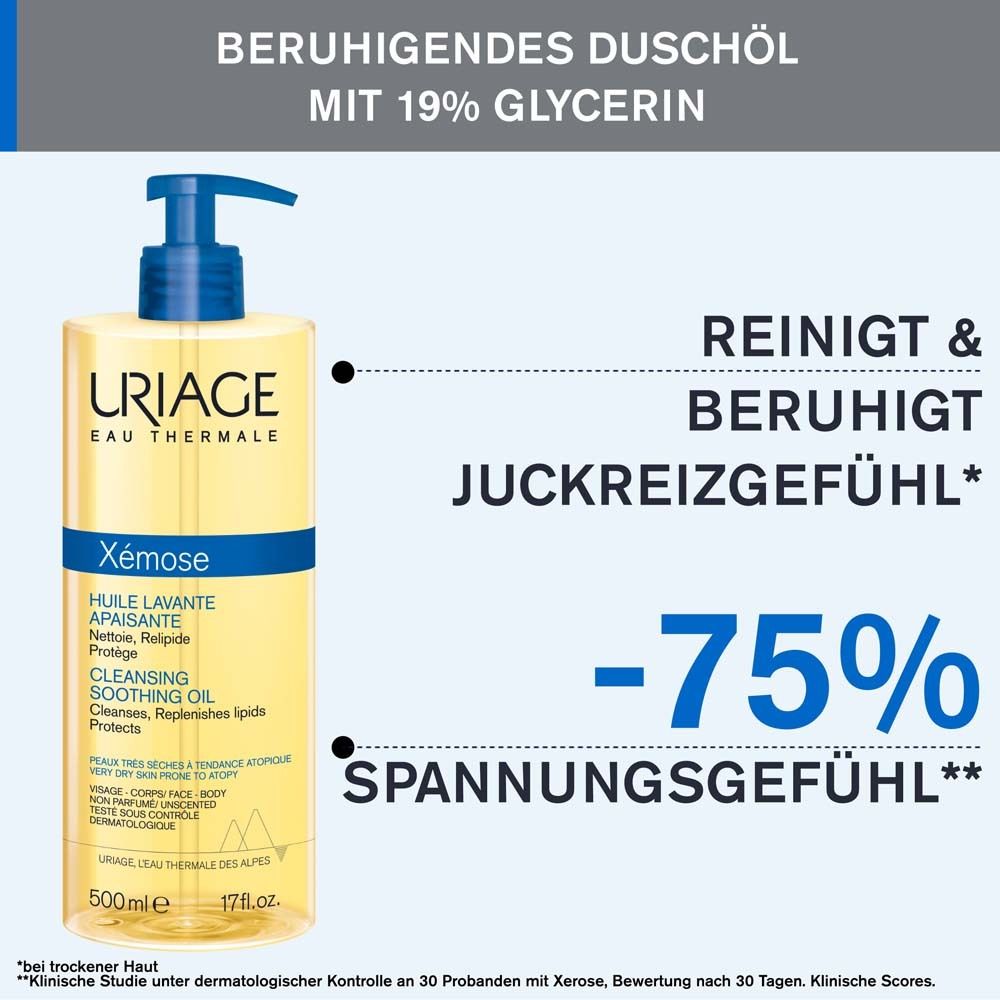 Uriage Xémose Huile Lavante Apaisante. Flacon avec pompe bleue. Nettoie et apaise. -75% sensation de tiraillement.