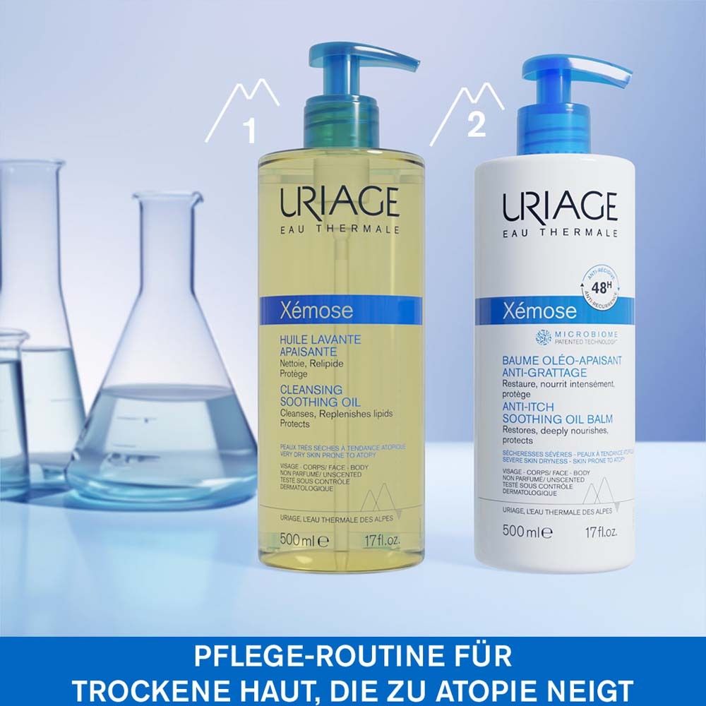 Uriage Xémose Huile Lavante et Baume Anti-Démangeaisons. Flacons avec pompe bleue. Routine de soins pour peau sèche.