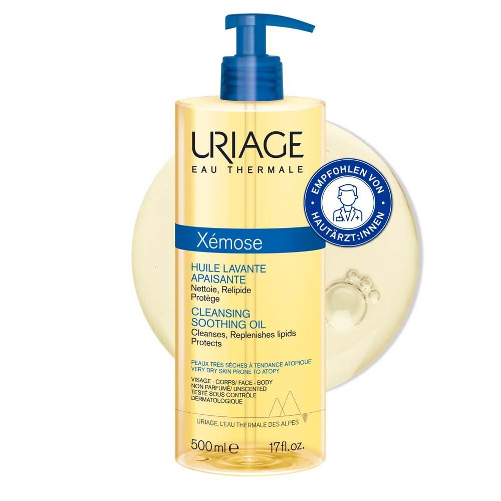 Uriage Xémose Huile Lavante Apaisante. Flacon avec pompe bleue. 500ml. Recommandé par les dermatologues.