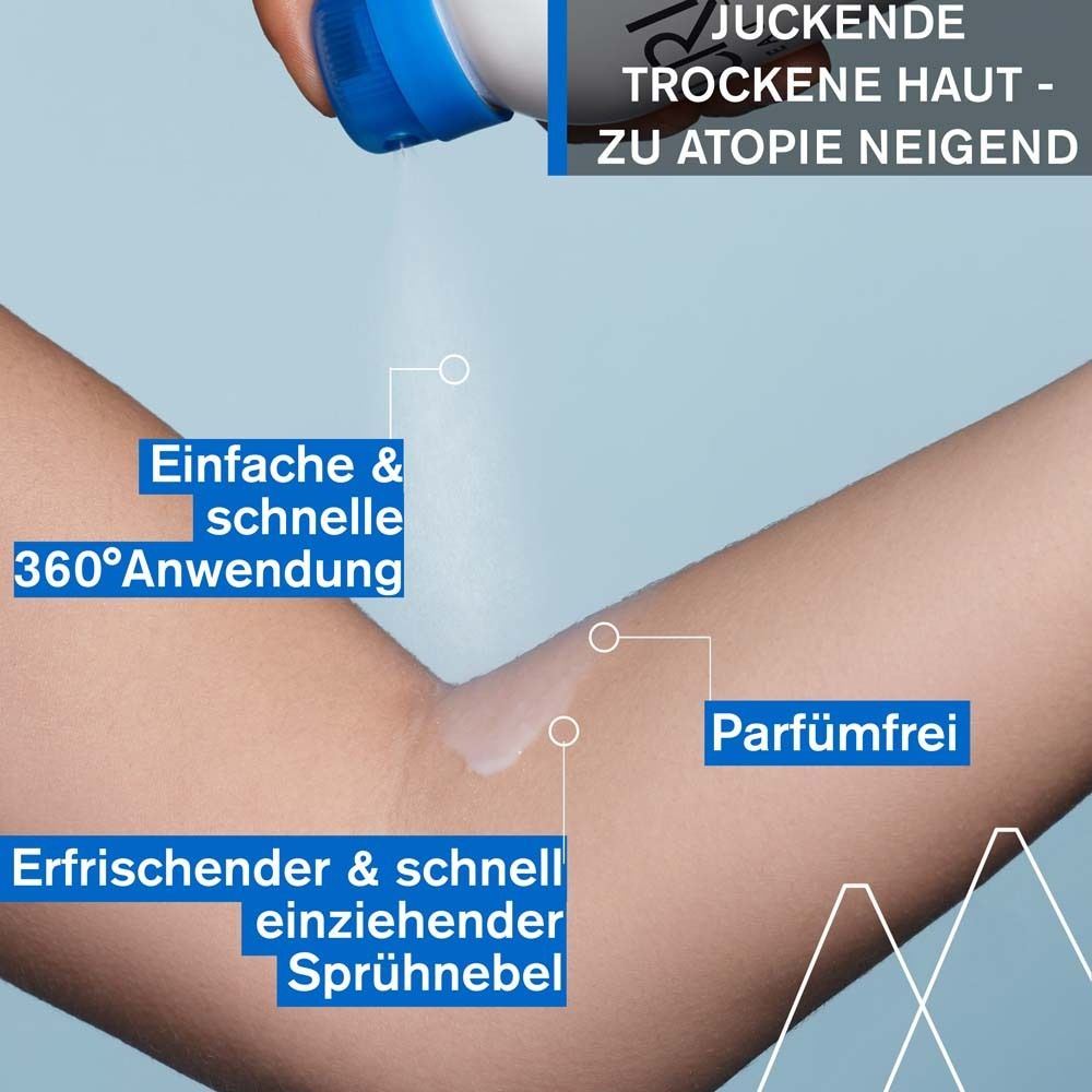 Bras avec brume. Texte : Application simple et rapide à 360°. Brume rafraîchissante et à absorption rapide. Sans parfum.