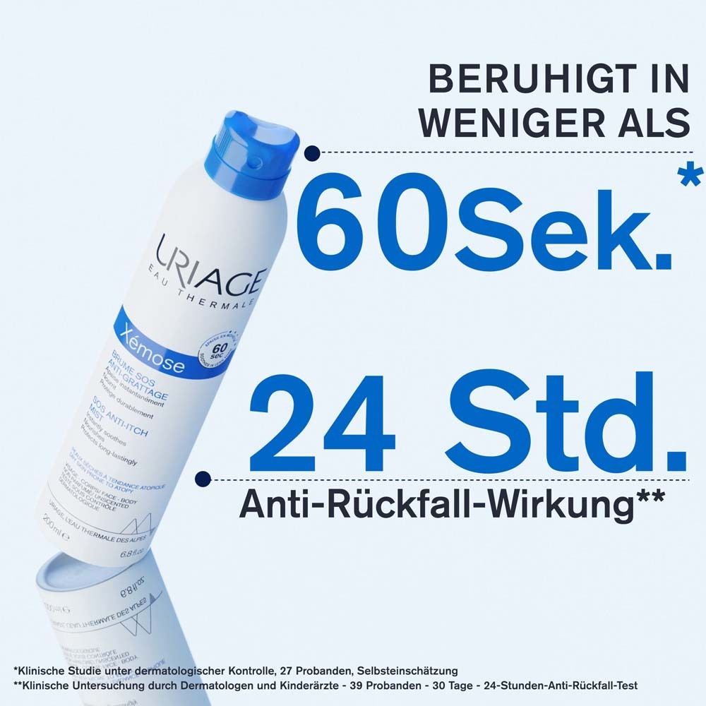Spray à bouchon bleu. Texte : Apaise en moins de 60 sec. 24h d'action anti-rechute.