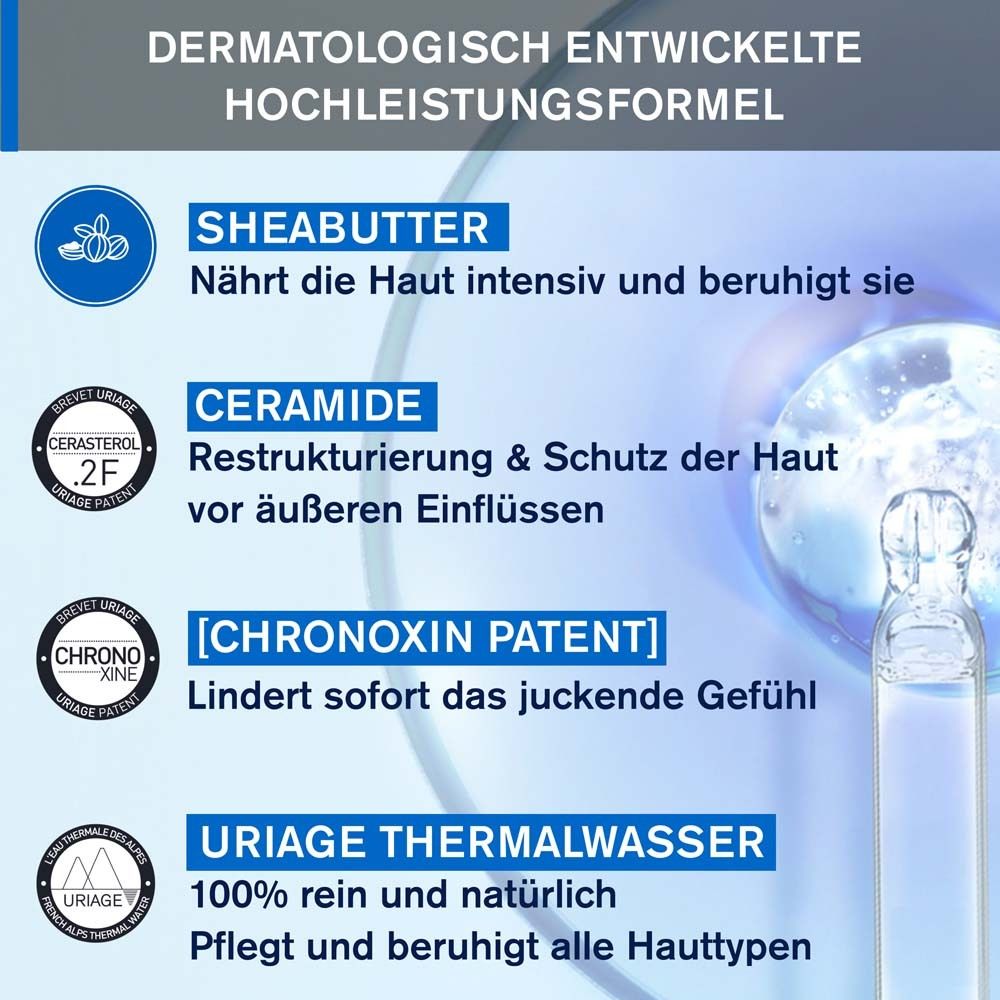 Graphique avec ingrédients. Beurre de karité, céramides, brevet Chronoxine, eau thermale Uriage. Texte : Formule haute performance.
