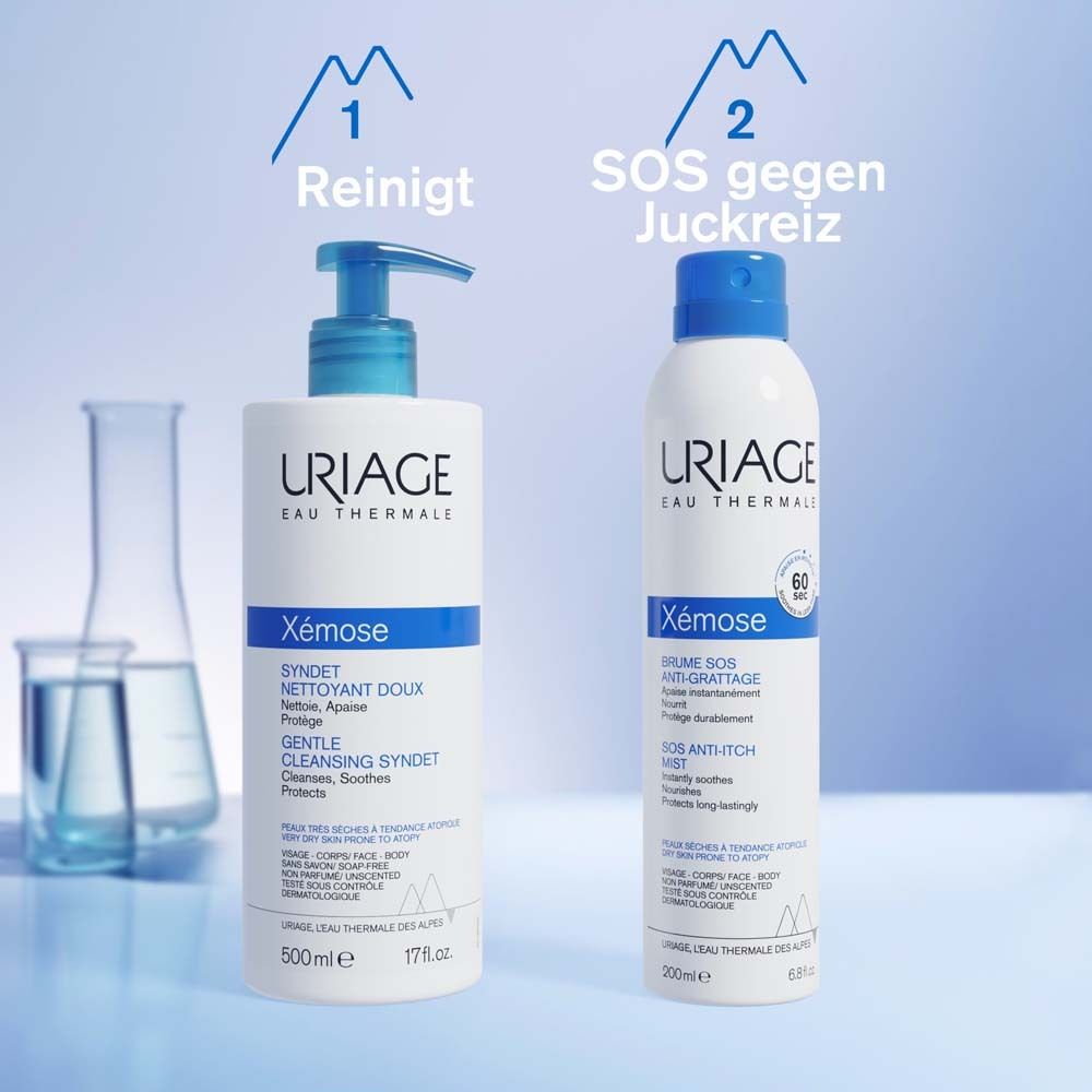 Deux produits : Uriage Xémose Syndet et spray SOS Anti-grattage. Texte : Nettoie, protège. SOS contre les démangeaisons.