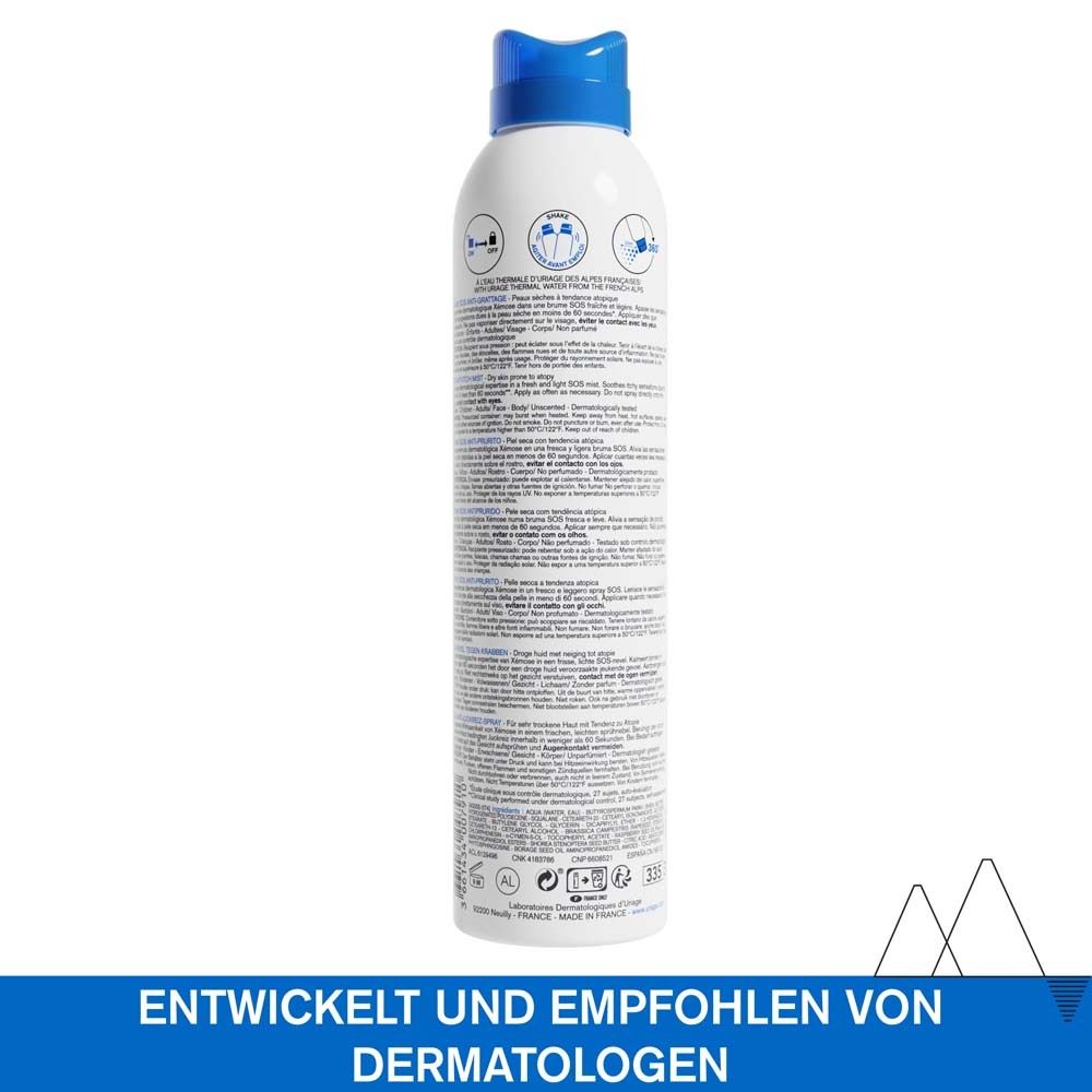 Dos du spray. Texte : Développé et recommandé par les dermatologues. Ingrédients, mode d'emploi.