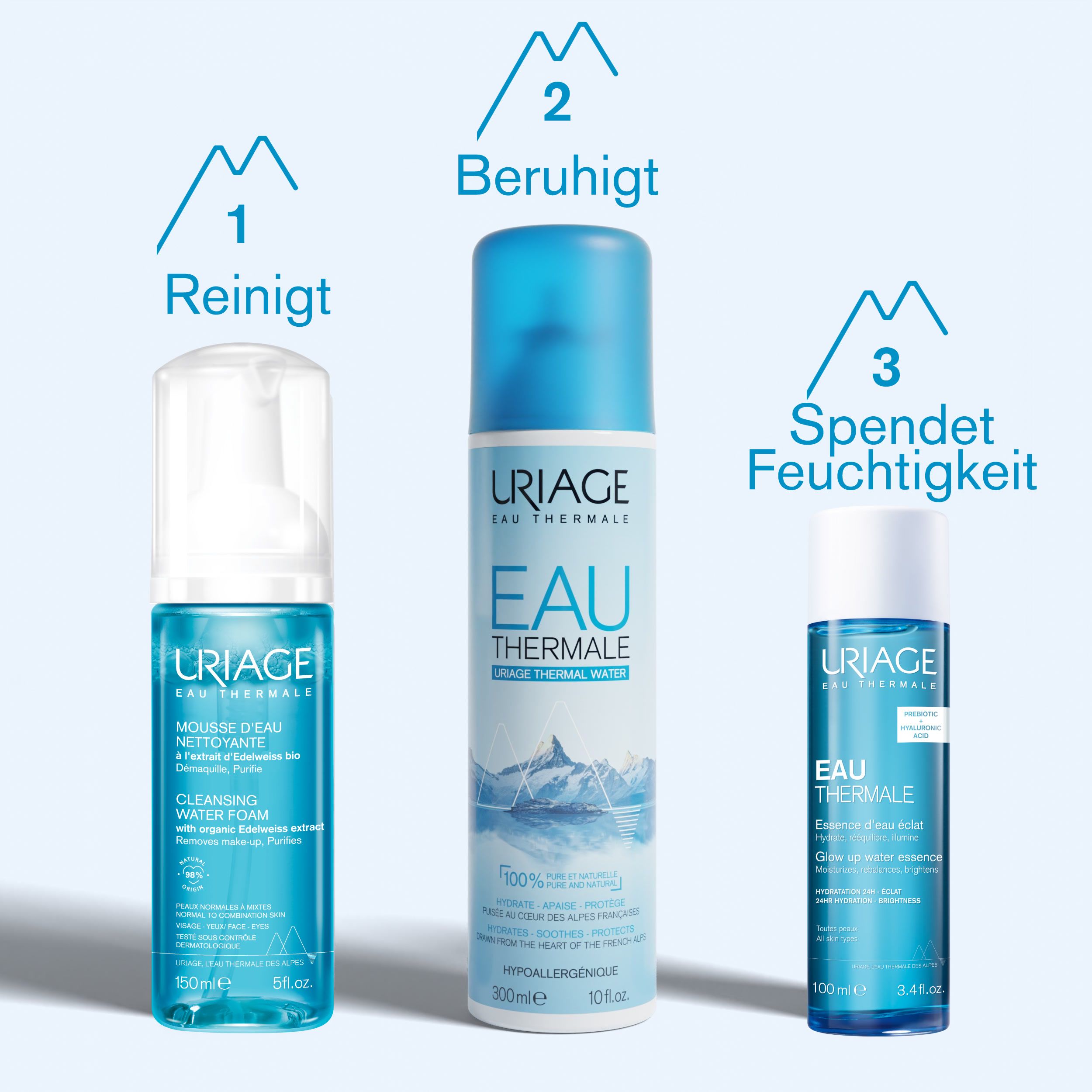 Trois produits Uriage : Mousse nettoyante, eau thermale, essence d'éclat. Flacons bleus et blancs.