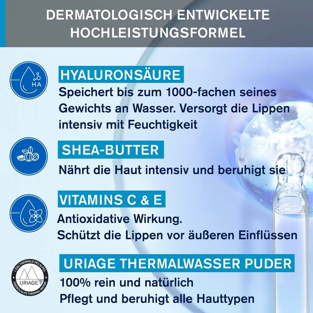 Ingrédients du stick à lèvres. Acide hyaluronique, beurre de karité, vitamines C & E, eau thermale Uriage.