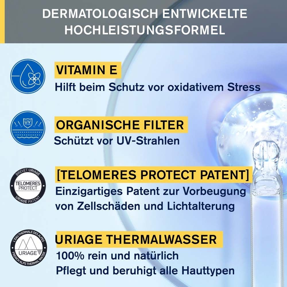 Grafik mit Text: Vitamin E, organische Filter, [TELOMERES PROTECT PATENT], Uriage Thermalwasser.