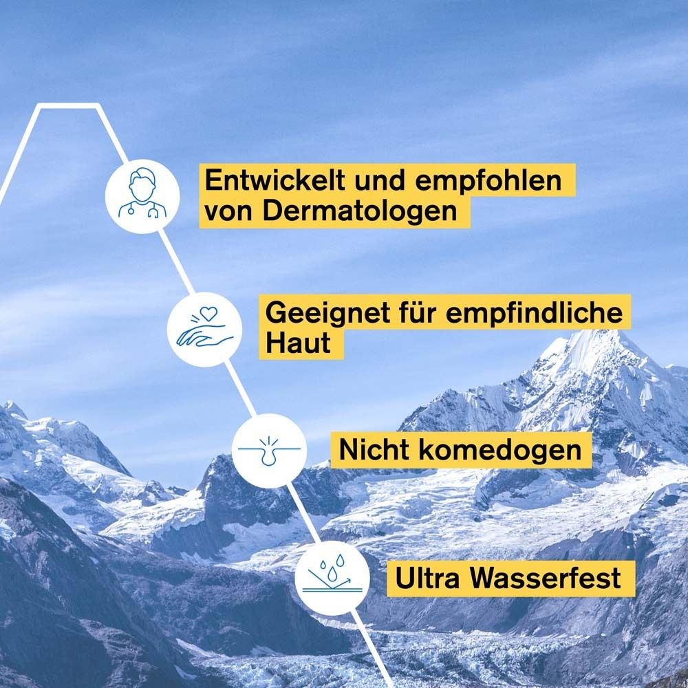 Grafik mit Text: Entwickelt von Dermatologen, für empfindliche Haut, nicht komedogen, ultra wasserfest.