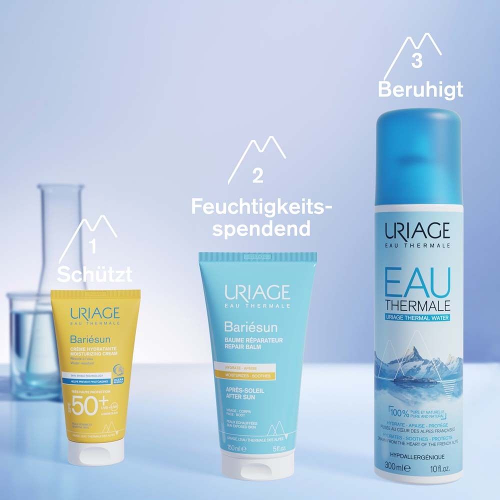 Drei Produkte: URIAGE BARIÉSUN Creme, After Sun Balm, Thermalwasser Spray.