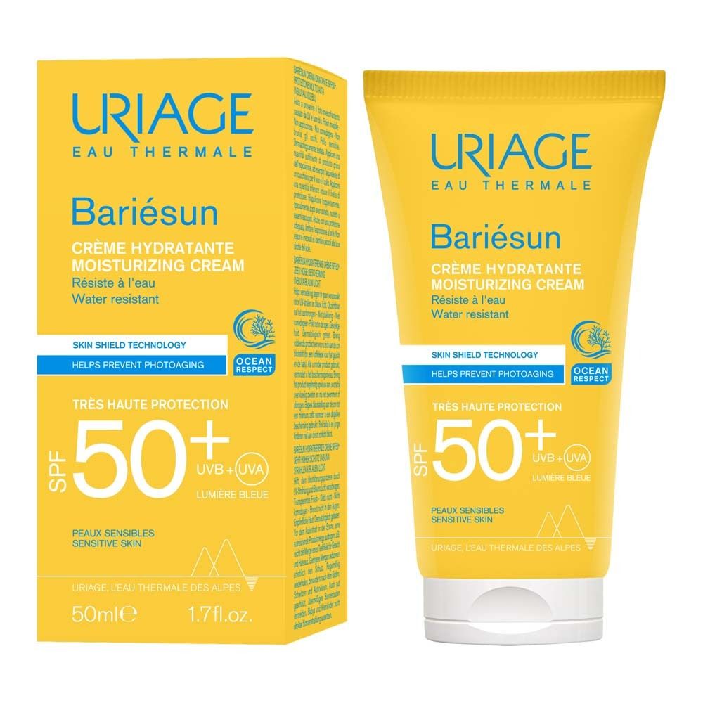 URIAGE BARIÉSUN Creme LSF 50+ und Schachtel. Gelbe Tube und Verpackung.