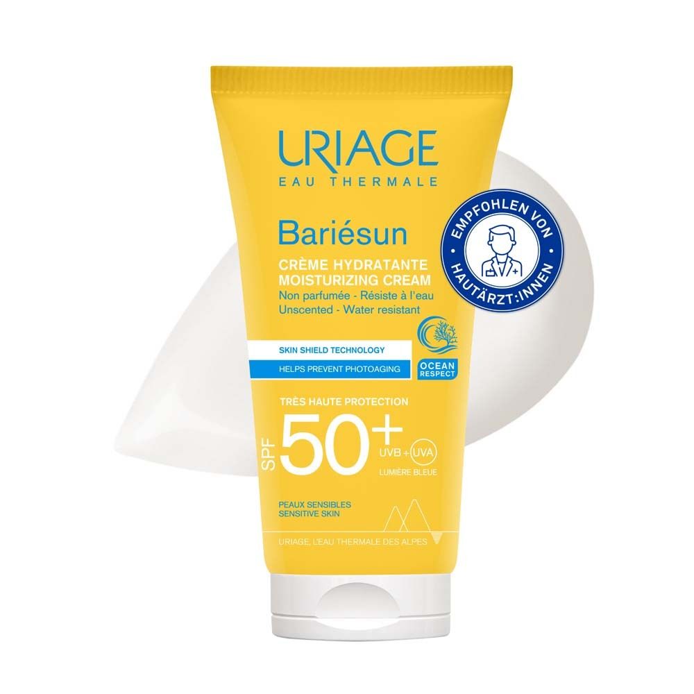Gelbe Tube URIAGE BARIÉSUN Creme LSF 50+. Logo und Text. Empfohlen von Hautärzten.