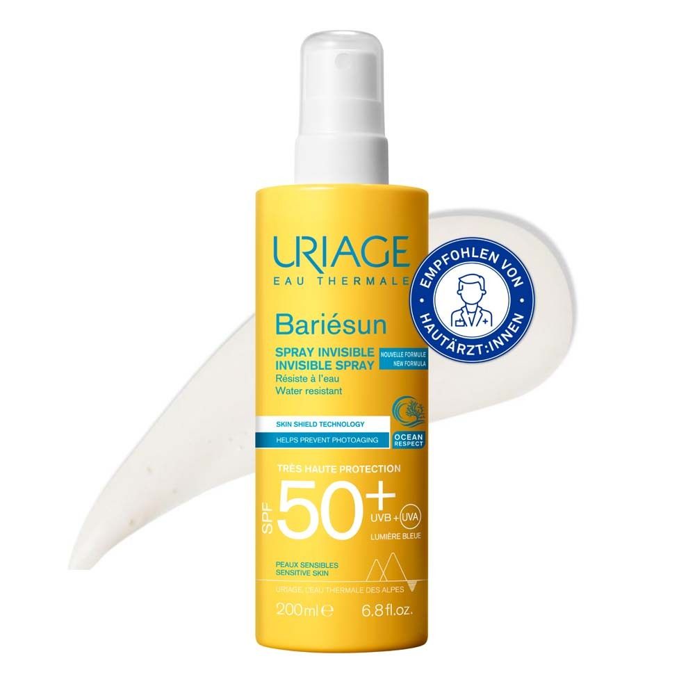 Flacon jaune avec vaporisateur blanc. Texte: URIAGE, Bariesun, Spray Invisible, SPF 50+. Recommandé par les dermatologues.
