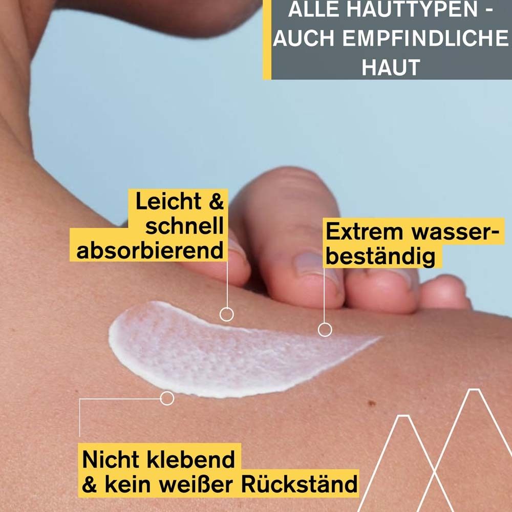 Texte: Tous types de peau - même sensibles. Léger & absorption rapide. Extrêmement résistant à l'eau. Non collant.