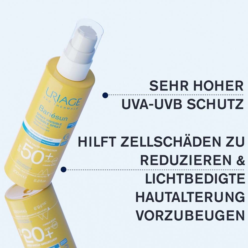 Flacon jaune avec texte: URIAGE, Bariesun, SPF 50+. Très haute protection UVA-UVB. Aide à réduire les dommages cellulaires.