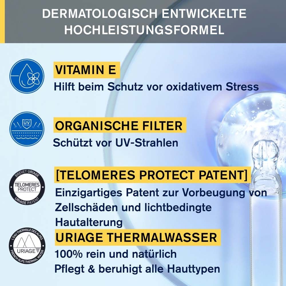Texte: Formule haute performance développée par des dermatologues. Vitamine E. Filtres organiques. [TELOMERES PROTECT PATENT].