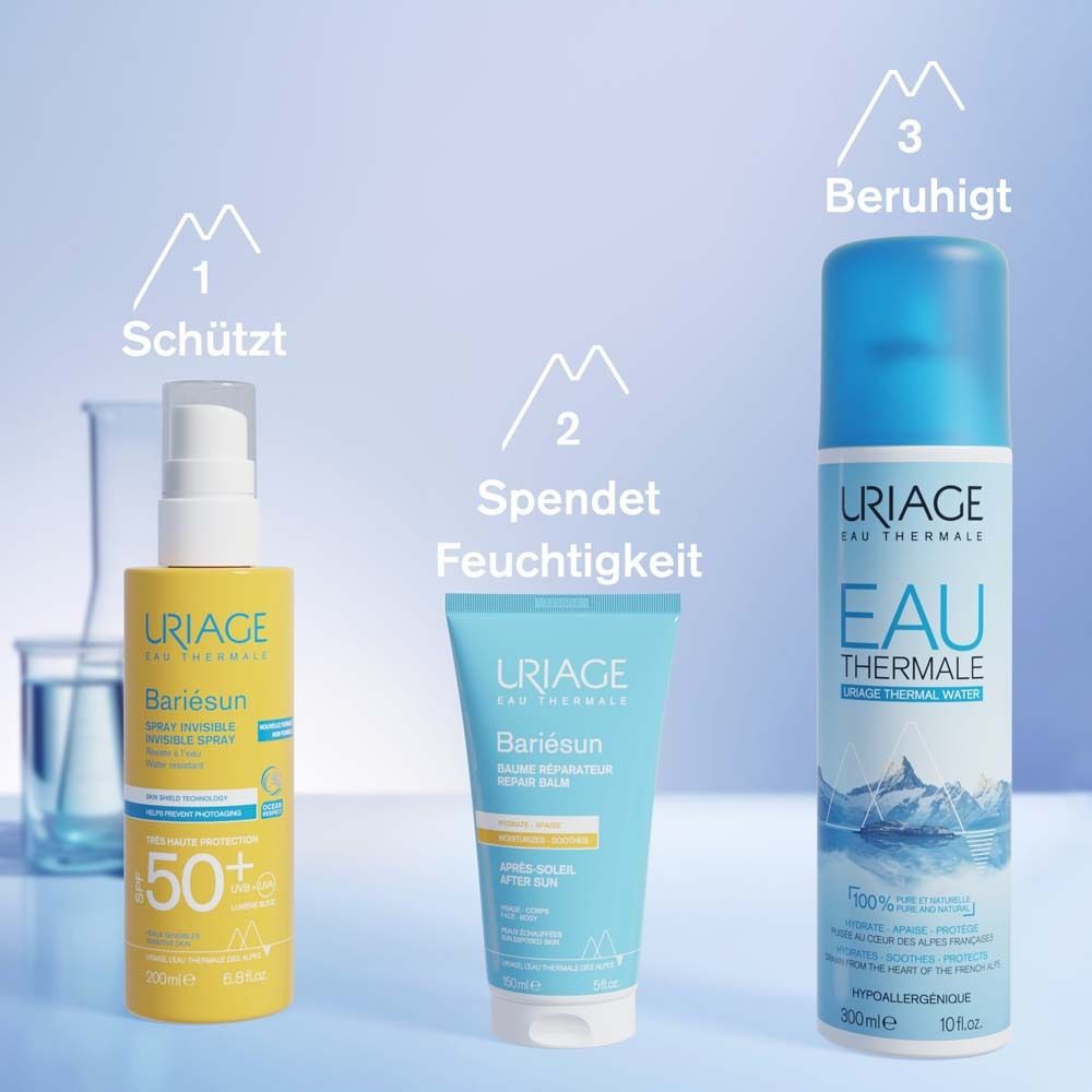 Trois produits: Spray, crème, eau thermale. Texte: URIAGE, Bariesun, SPF 50+. Apaise. Hydrate. Protège.