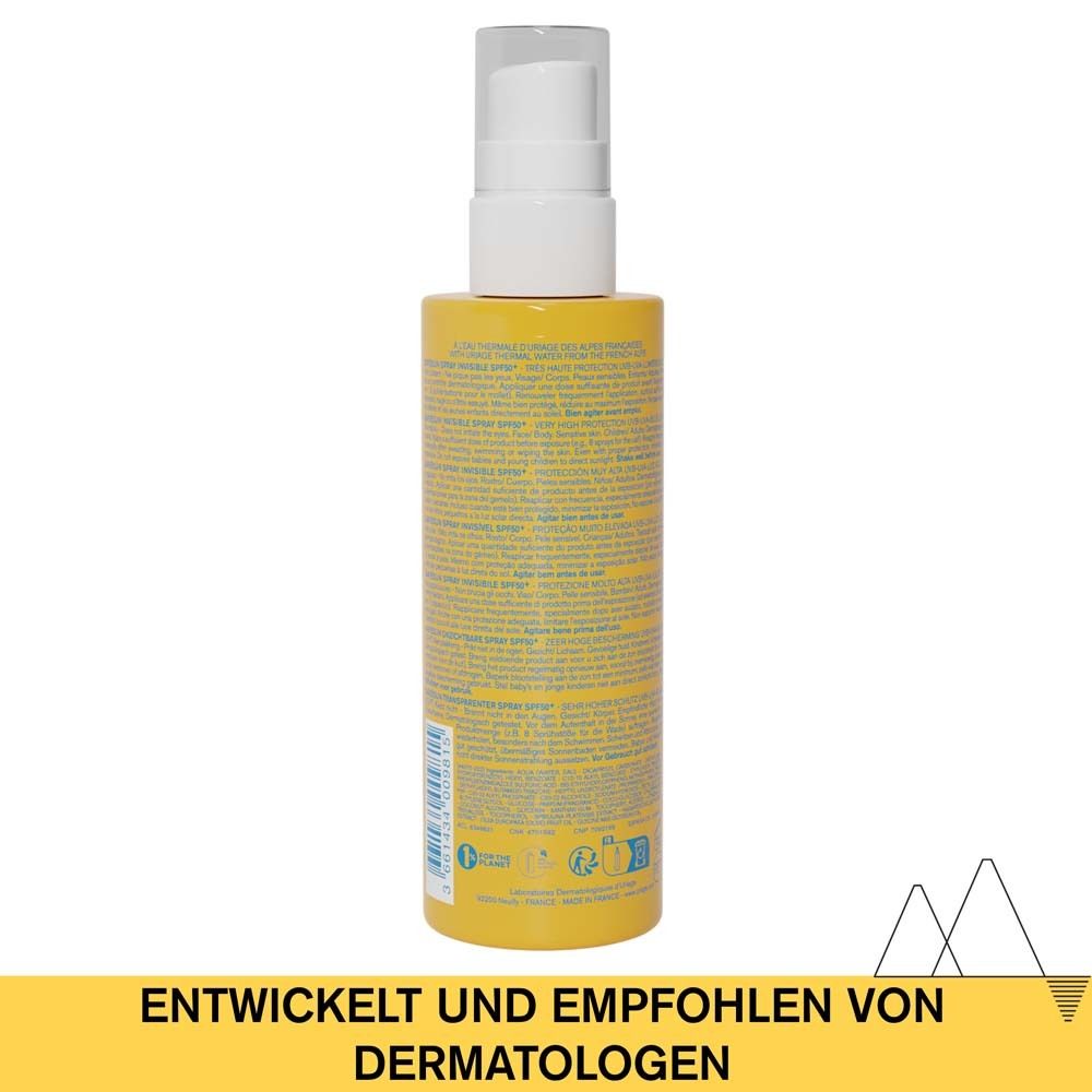 Flacon jaune avec vaporisateur blanc. Texte: Développé et recommandé par les dermatologues. Informations produit.