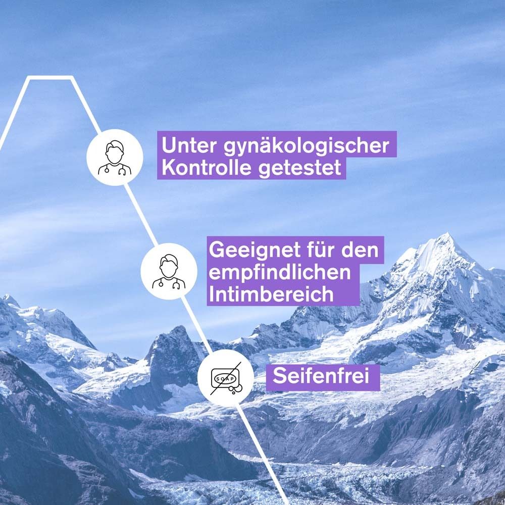 Texte sur fond de montagne. Texte: Testé sous contrôle gynécologique, sans savon.