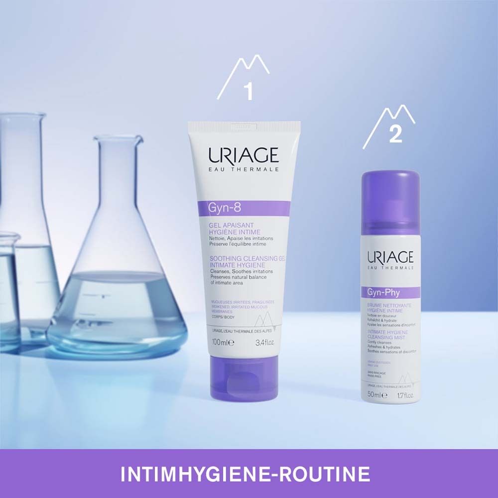 Deux produits. À gauche: tube. À droite: spray. Texte: Routine d'hygiène intime.