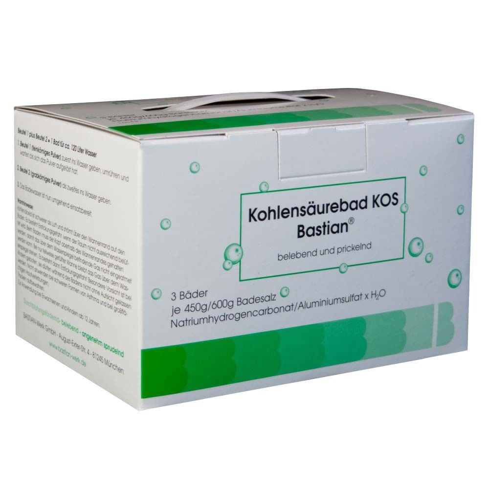 Boîte de Kohlensäurebad KOS Bastian®. Contient 3 bains. Emballage vert et blanc avec informations produit.