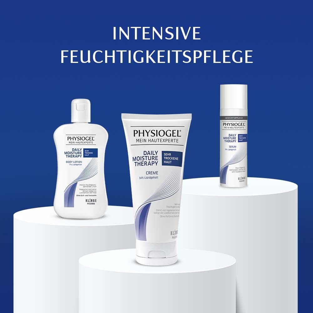 Trois produits : lotion pour le corps, crème et sérum PHYSIOGEL®. Fond bleu.