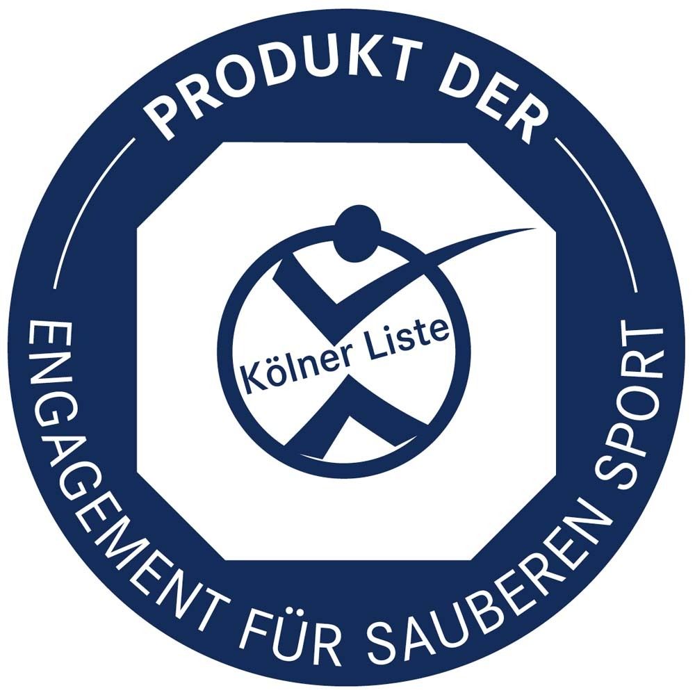 Logo bleu: Produit de la Kölner Liste. Engagement pour un sport propre. Logo avec une coche.