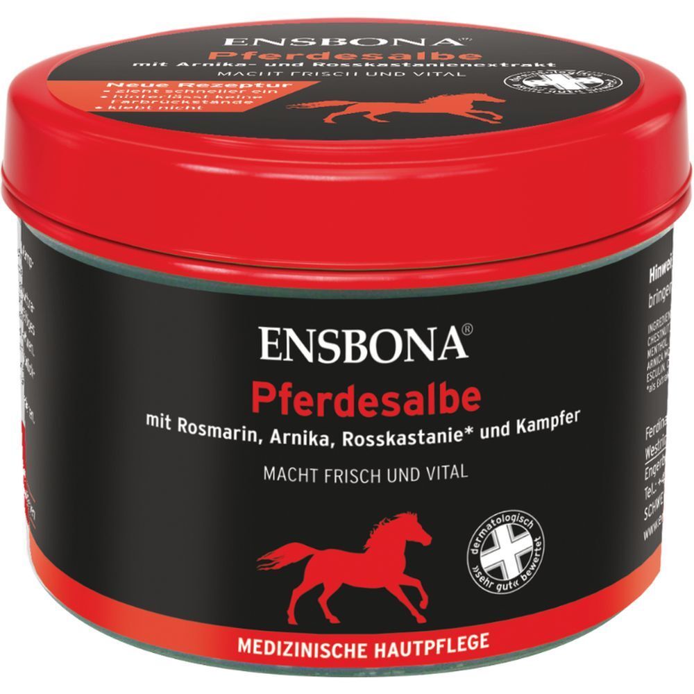 ENSBONA Pferdesalbe Dose mit rotem Deckel, schwarzem Etikett und Pferdegrafik.