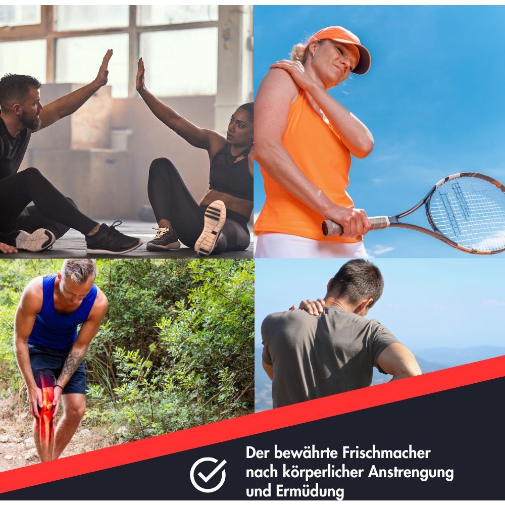 Collage: Sportler nach Anstrengung, Tennisspielerin mit Schulterschmerz, Läufer mit Knieschmerz, Nackenschmerz.