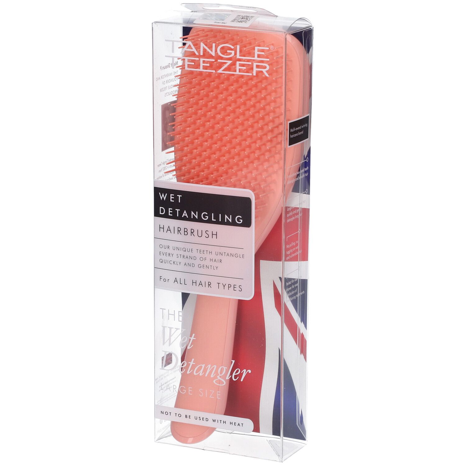 Brosse démêlante Wet Detangler Tangle Teezer corail, grande taille, emballage transparent avec motif Union Jack.