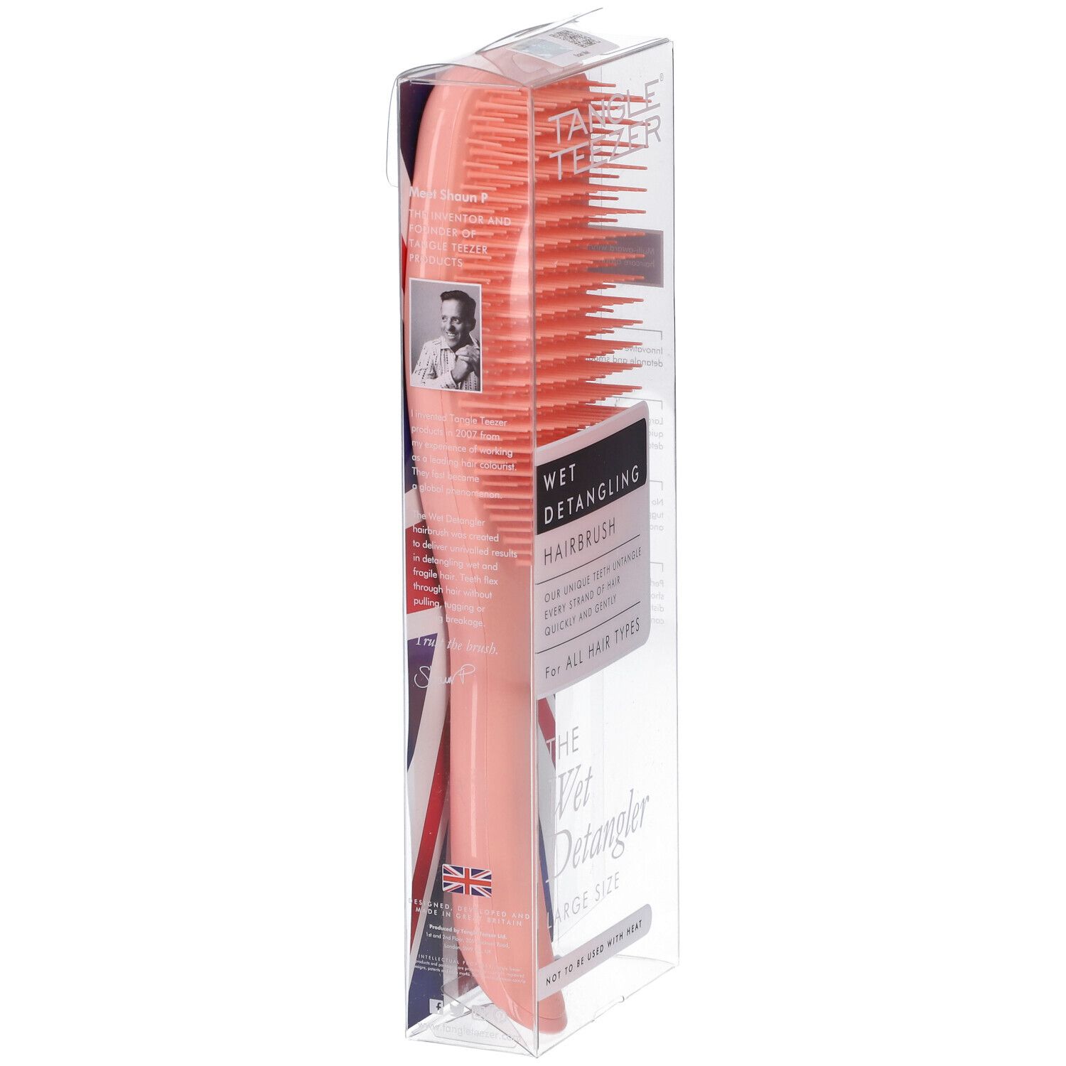 Brosse démêlante Wet Detangler Tangle Teezer corail, grande taille, vue latérale en emballage transparent.