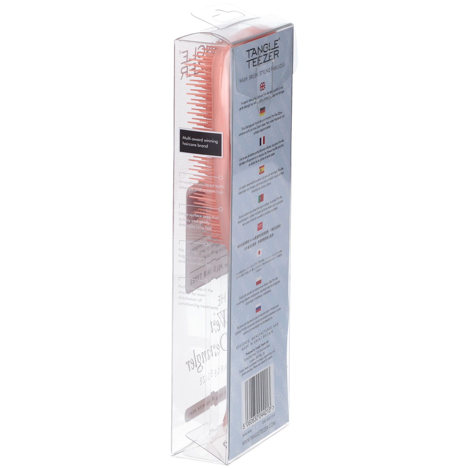 Vue latérale de l'emballage de la brosse démêlante Wet Detangler Tangle Teezer corail, grande taille, avec instructions multilingues.