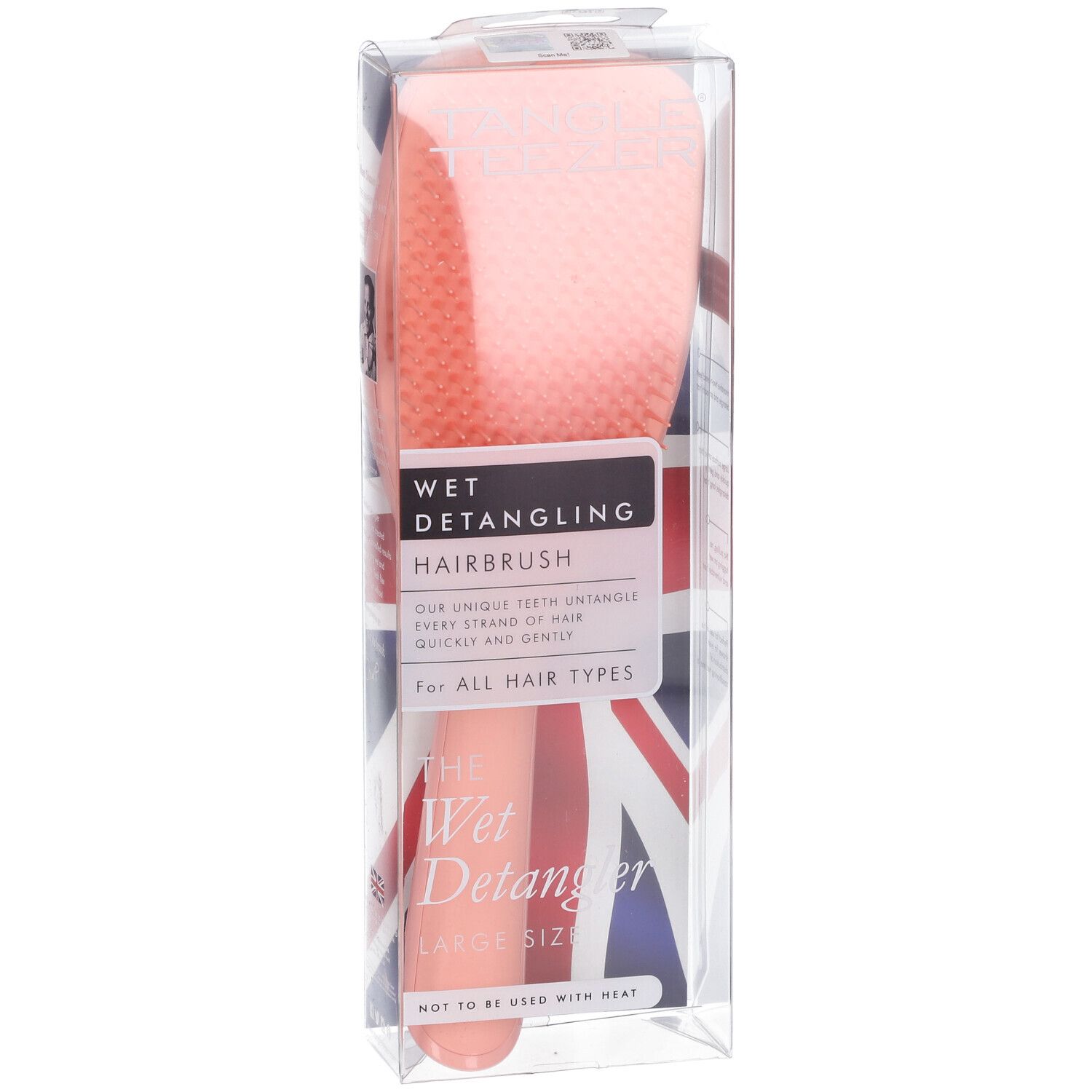 Brosse démêlante Wet Detangler Tangle Teezer corail, grande taille, dans son emballage transparent Union Jack.
