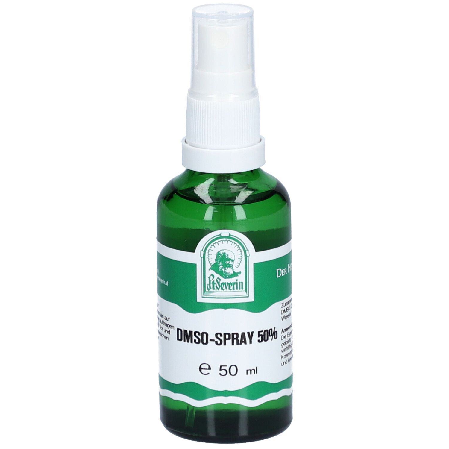 Flacon pulvérisateur vert avec tête blanche. Inscription: DMSO-Spray 50%. Logo: St. Severin.
