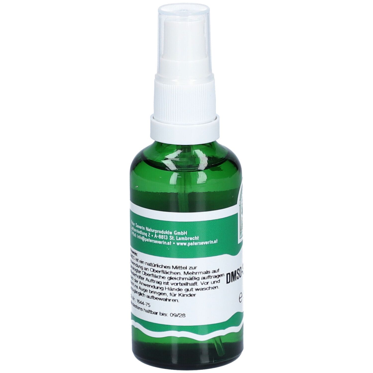Flacon pulvérisateur vert avec tête blanche. Inscription: DMSO-Spray 50%. Étiquette avec informations.